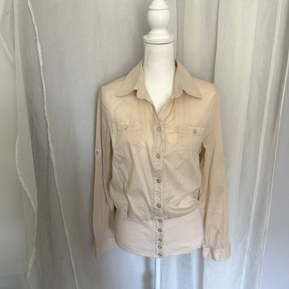 Murmur Cotton Button Up Shirt Womens Medium Cream Ribbed Hem Office Core Minimal